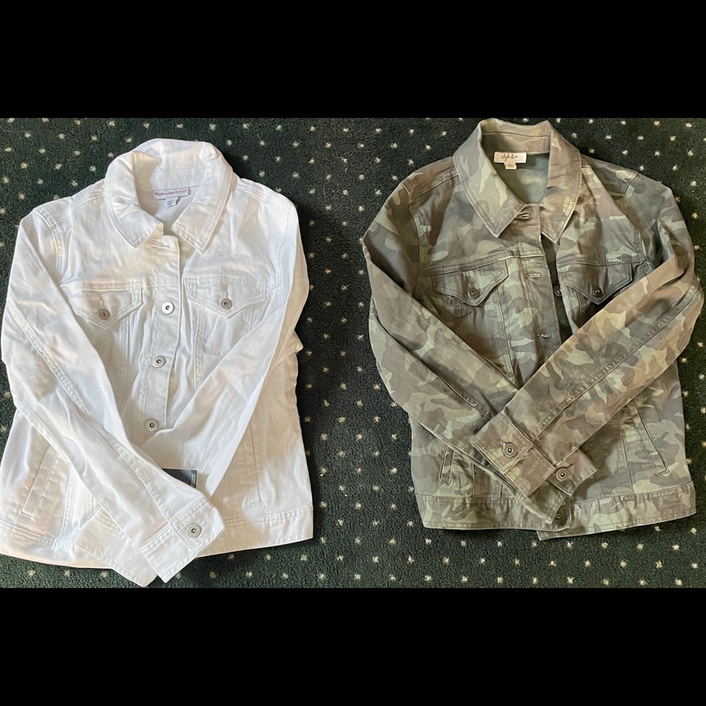NWT *2* Style & Co Denim Jackets White and Camouflage Camo Size M